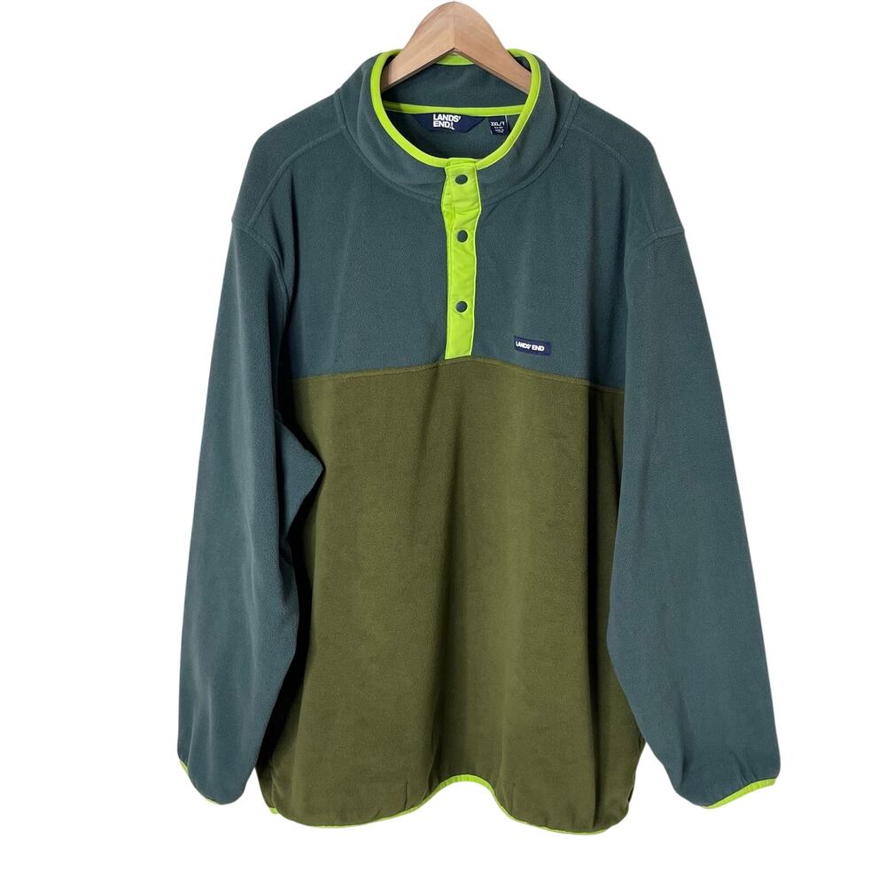 Lands End Mens 3XLT Fleece Snap Pullover Green Colorblock Outdoor Gorpcore